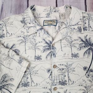Pusser's Island Style VTG Linen Mens L Hawaiian Camp Collar Shirt Palms And Huts